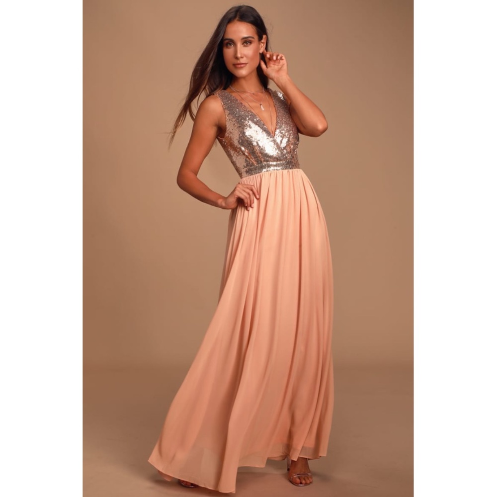 Lulu's Elegant Encounter Rose Gold Sequin Dress XS